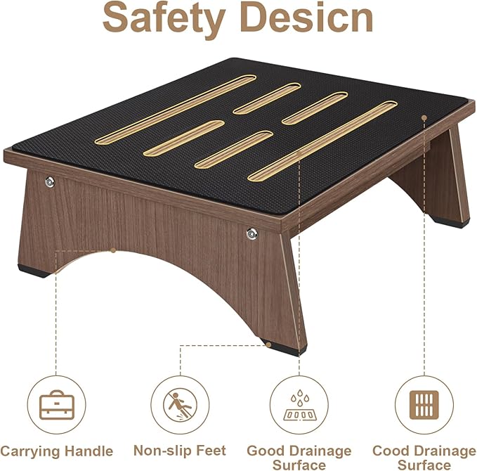 One Step Stool for Adults Seniors with Non-Slip Rubber Stepping Surface, 5.5" Portable Single Wooden Riser, 450 LBS Capacity for Bedroom Kitchen Bathroom, or Bedside, Senior Support (Brown)