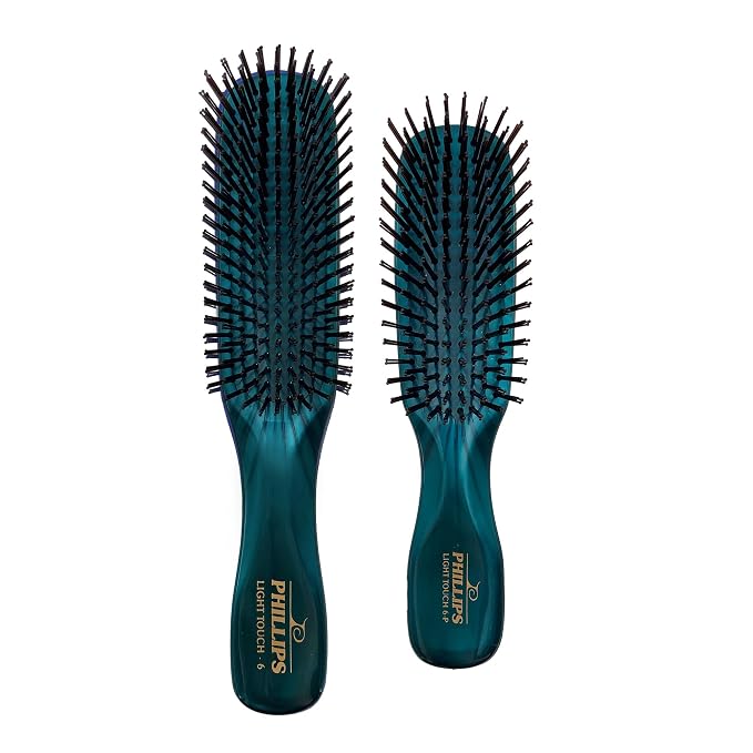Phillips Brush Light Touch 6 Petite & Full Size Hair Brushes, Emerald Green | Flexible Nylon Bristles Gently Detangle and Smooth All Hair Types. Combo Includes 7.75 & 6.25 Inch Brushes for Daily Use