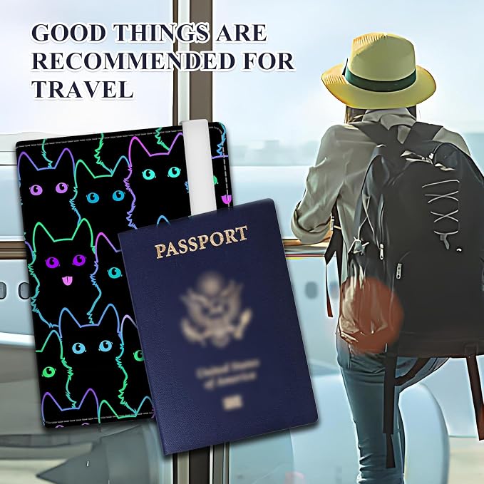 Passport Holder for Travel Essentials, RFID Premium Leather Passport Wallet Cover Case for Travel Must Haves Accessories, Passport Book Holders for Women Men Cute Black Cats