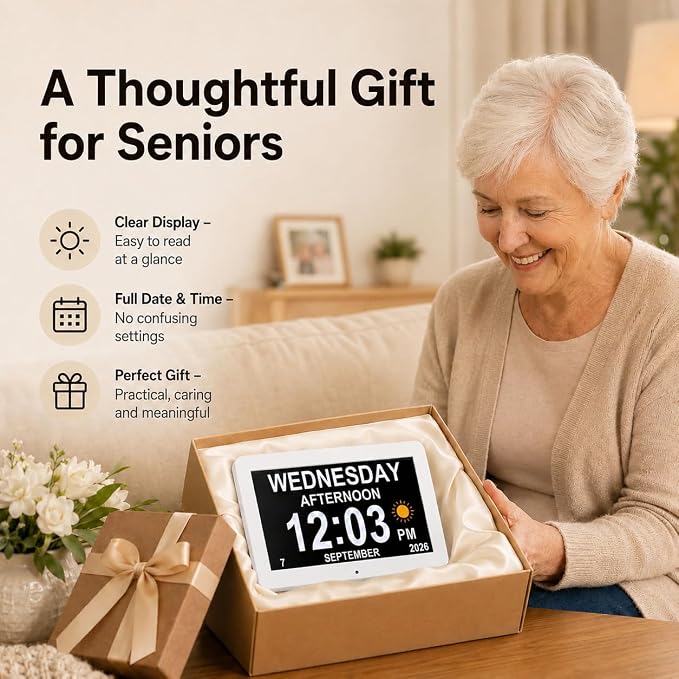 JALL 10" Large Digital Calendar Day Clock for Seniors 2026 - Easy to Read Alzheimer's Dementia Memory Loss Clock for Elderly with IPS Wide Angle，Day & Date, 12 Custom Alarms & Auto-Dimming, White