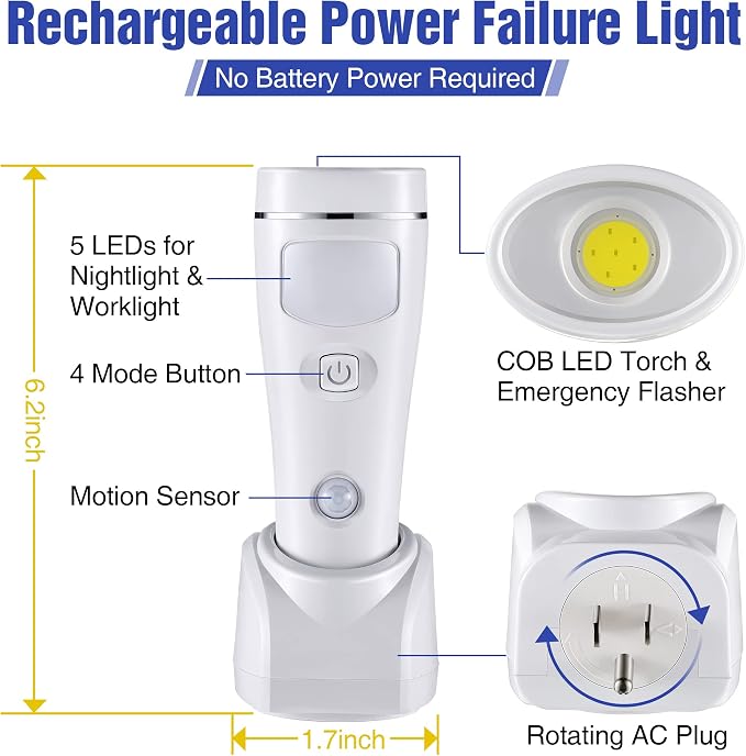 Enhon 3 Pack 4 in 1 LED Emergency Lights for Home Power Failure, Rechargeable Plug in Flashlight Motion Sensor Night Light, Automatic Turn On Power Outage Light for Home Hurricane Supplies (White)