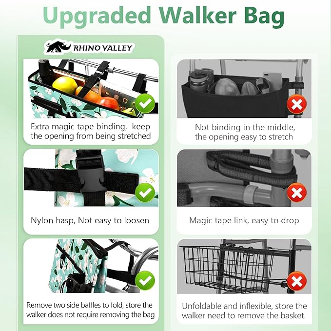 Rhino Valley Walker Bag, Multi Pockets Folding Walker Basket Tote Bag with Cup Holder, Hand-free Carry Pouch Storage Bag for Universal Walkers, Large Capacity Organizer for Seniors Elderly, Flower