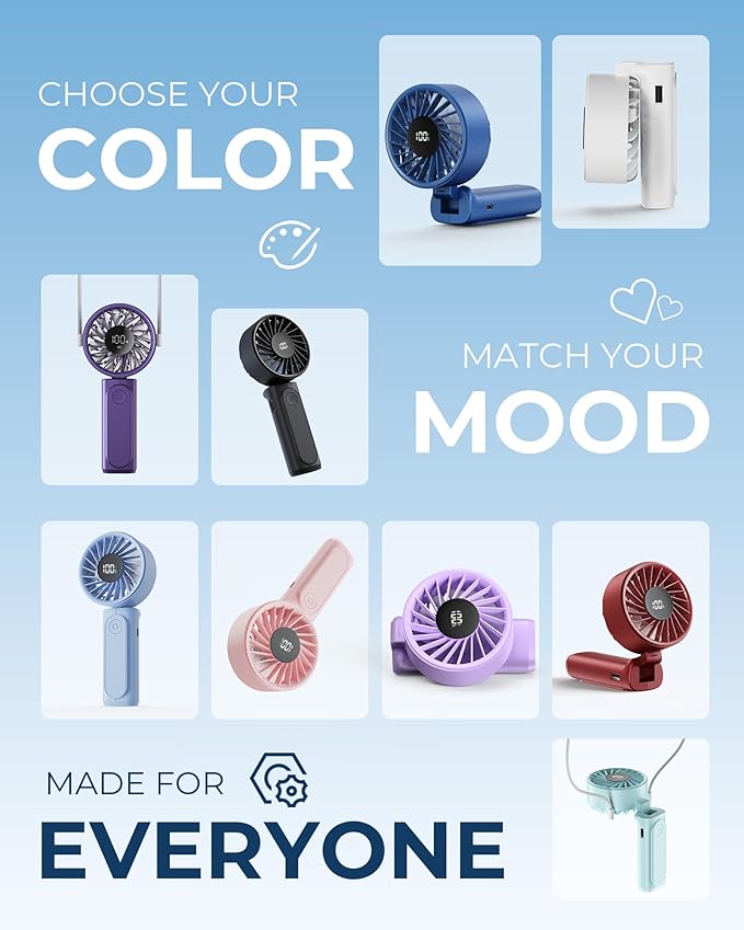 Peiyuu Handheld Fan, Portable Fan, 4000mAh Rechargeable Personal, 180° Foldable Mini Desk Fan with 6 Wind Speed, LCD Digital Display, Lanyard as Neck, Ultra Quiet, Pocket Size for Indoor Outdoor