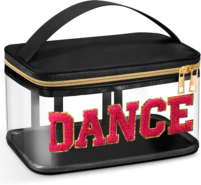 Geetery Chenille Letter Bag, Meds Cheer Travel Cases Cheerleader Gifts Cosmetic Bag Nylon Makeup Portable Preppy Patch with Zipper Toiletry Storage Case for Women(Black,Dance)
