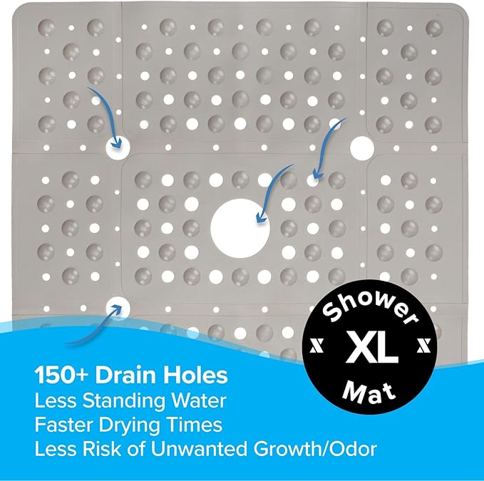 SlipX Solutions 27" Oversize Square Shower Mat, Non-Slip Mat for Elderly & Kids, 100+ Power Grip Suction Cups for Smooth Surfaces, Machine Washable, Solid Tan