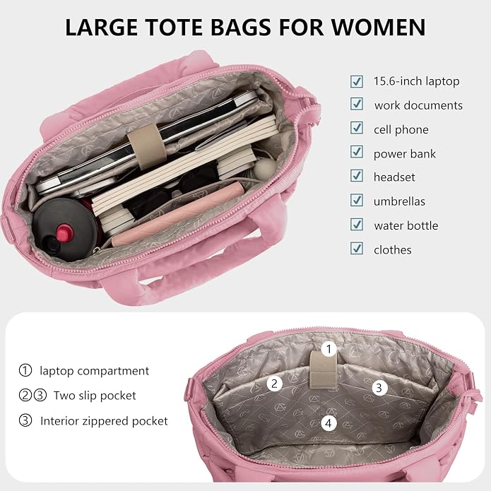 Puffer Tote Bag for Women Quilted Nurse Bag Lightweight Work Bag for Teacher Travel Handbag with Multiple Pockets