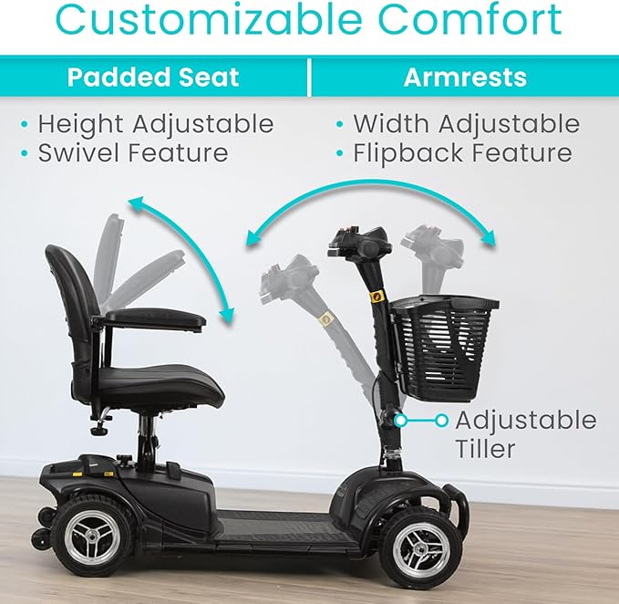 Vive 4 Wheel Mobility Scooter - Electric Powered Wheelchair Device - Compact Heavy Duty Mobile for Travel, Adults, Elderly - Long Range Power Extended Battery with Charger & Basket