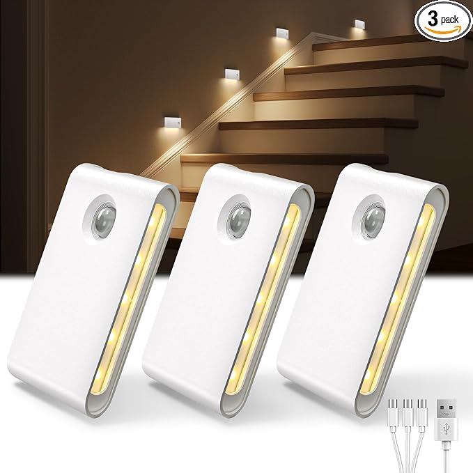 EZVALO 3 Pack Motion Sensor Night Lights, Sync LED Stair Lights Indoor, 1500mAh Rechargeable, Magnetic & Dimmable, 3000K Soft White, Portable Nightlight for Hallway, Stairs, Bathroom, Bedroom