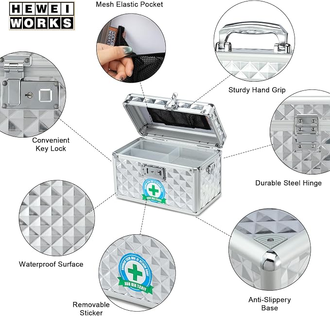 Storage Box with Key Lock, Lockable Medicine Storage Box, Empty First Aid Box, Security Lock Box, Multipurpose Locking Box for Home and Outdoor Use (Silver, Small)