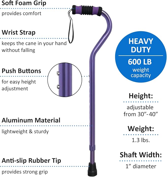 Sky Med Aluminum Lightweight Bariatric Heavy Duty Cane-600lbs Weight Capacity, for Women & Men, 1.3 lbs. Product Weight, Soft Hand Grip, Carrying Strap, Offset Handle
