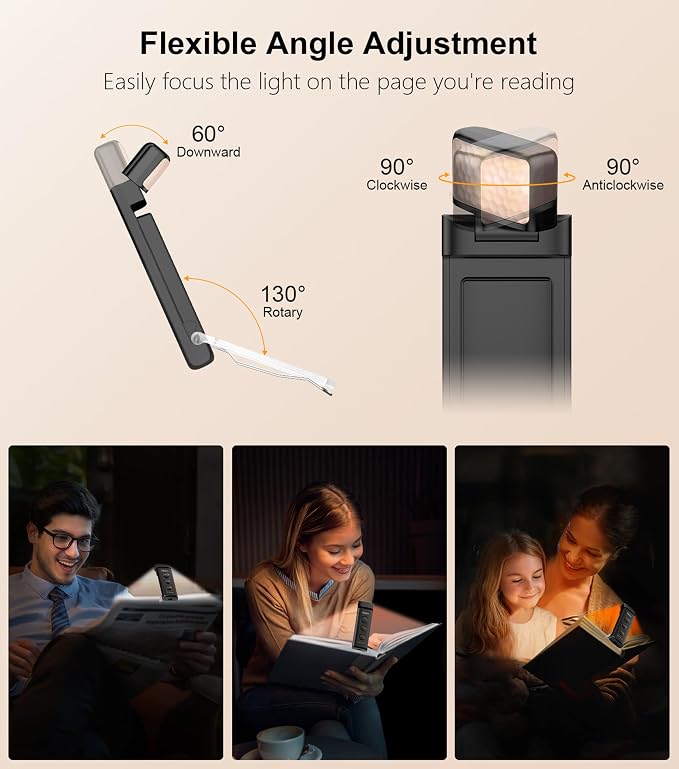 Gritin Book Light Rechargeable, Clip on LED Reading Light for Books in Bed | Eye Caring 3-Color & 5-Brightness, Stepless Dimming, Long Lasting, Compact Size Flexible Book Lamp for Bookworms-Black