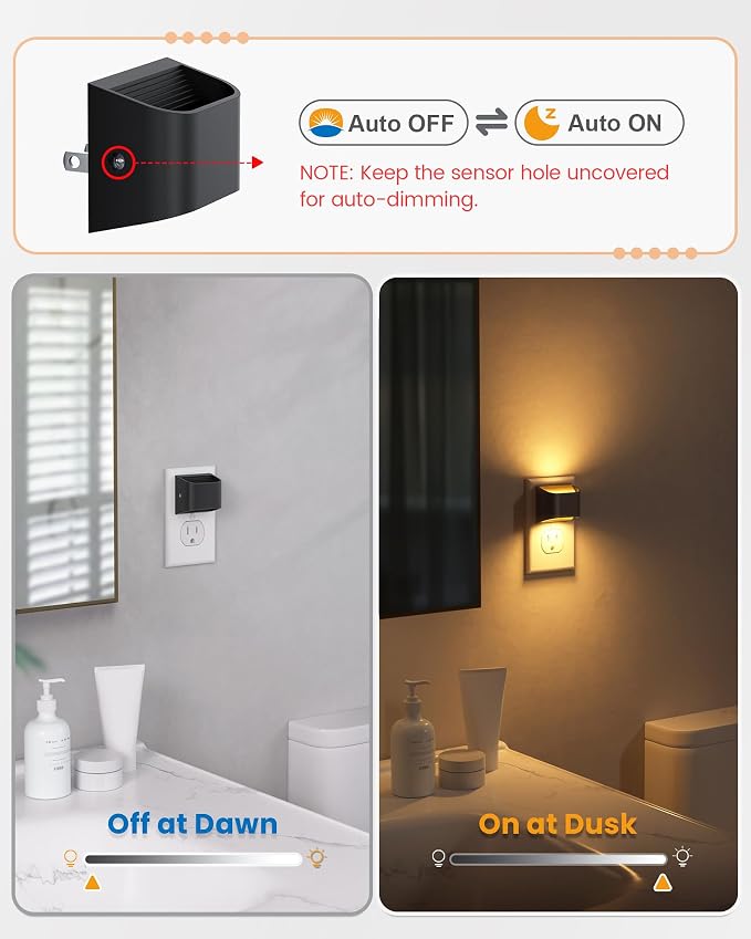 NIORSUN Night Lights Plug Into Wall, Auto Brightness Sensor Night Light, 3000K Warm White, Ultra-Slim Wall Light for Hallway Bathroom Bedroom Stairs, Black, 6 Pack