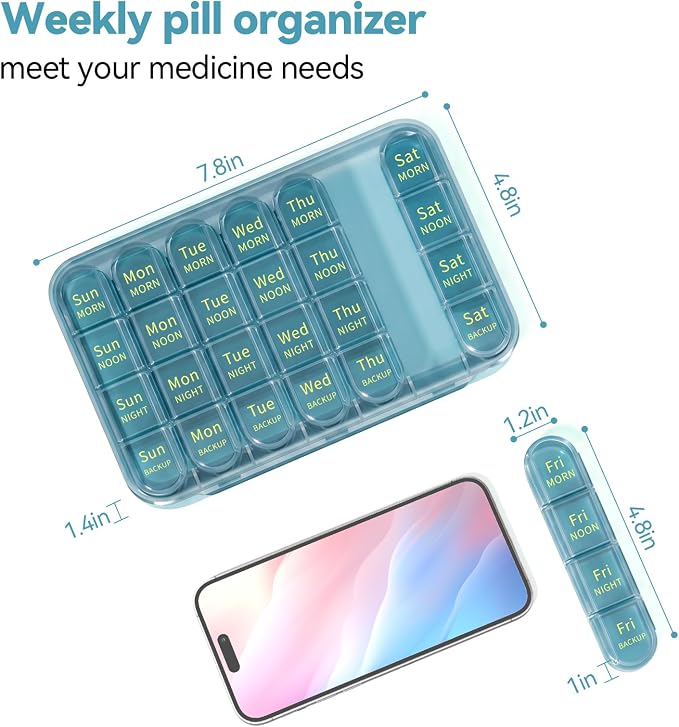 Zoksi Pill Organizer 4 Times a Day, 7 Day Pill Box with Removable Daily Cases, Large Medicine Organizer for Pills, Vitamins and Supplements, Easy Open 180 Degree Lids, Travel Pill Case