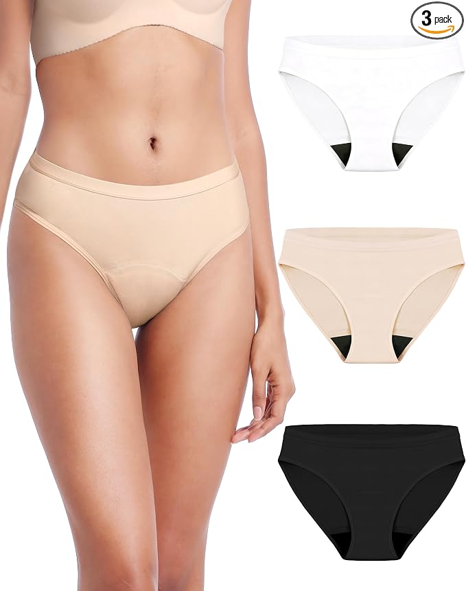 AIRCUTE Washable Leak Proof Incontinence Underwear for Women Absorbency Bladder Control Briefs 70ML,3 Pack (S, Black-Beige-White)