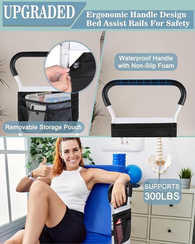 Bed Rails for Elderly Adults Safety - Adjustable Bed Assist Rail with Support Legs, Non-Slip Ergonomic Handle Bar Bed Guard Rails with Storage Bag - Fit King Queen Full Twin Beds