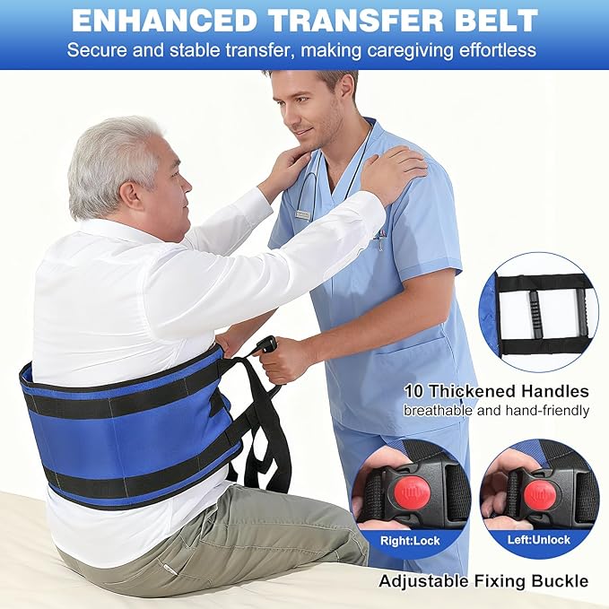 Rhino Valley Transfer Sling, Gait Belt with 10 Padded Handles, Non-Slip Nursing Transfer Belt, Safety Standing and Lifting Aid for Disabled, Elderly, Seniors, Injured, Blue+Black
