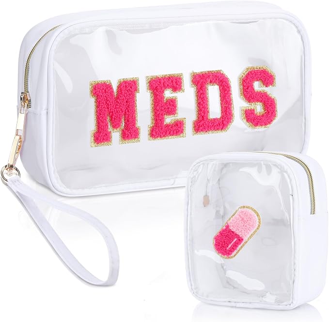 Hillban 2 Pcs Medicine Bag Chenille Letter Patch Meds Bags Travel Cases Preppy Clear Nylon Portable Makeup Bags Zipper Cosmetic Toiletry Storage for Women PVC Transparent Mini First Aid Bag(Adorable)
