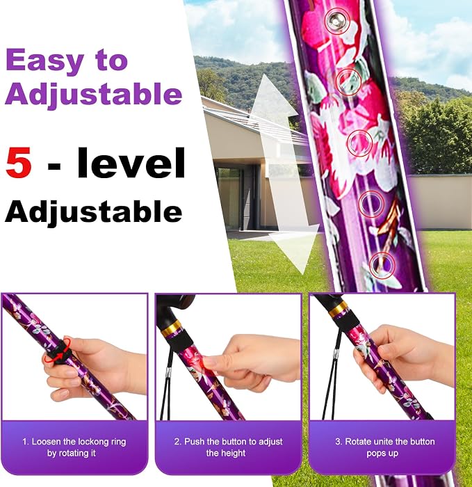 MFE Folding Cane, Portable 5-Level Adjustable Height Walking Stick with Foldable Design, Wrist Strap, and T Handle for Men and Women