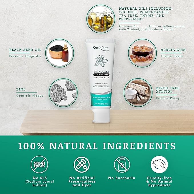 SprinJene Natural Total Care Fluoride Free Toothpaste – Patented Formula with Black Seed Oil & Zinc – Dry Mouth Toothpaste for Fresh Breath & Strong Teeth – Made in The USA (4 Pack)
