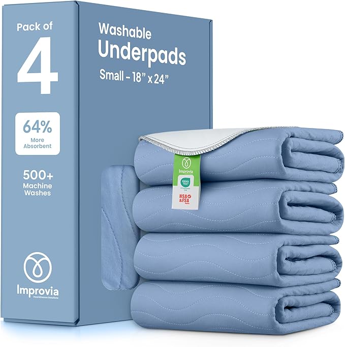 IMPROVIA® Washable Underpads, Heavy Absorbency Reusable Incontinence Pads for Kids, Adults, Elderly, and Pets, Waterproof Protection Floor (Blue and White, 18" x 24" - Pack of 4)