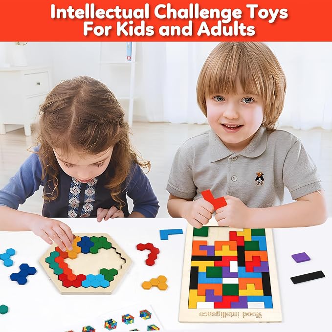 Wooden Brain Teaser Puzzles,Montessori Tangrams Pattern Blocks Logic Board Geometric Shapes Jigsaw Puzzle Games for Kids Ages 3-5,4-6(3Pack)