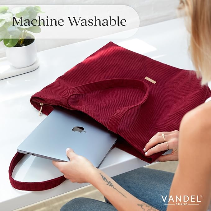 VANDEL Corduroy Tote Bag for Women and Men with Zipper and Inner Pockets. Cute School Tote Bag with Zipper, Aesthetic