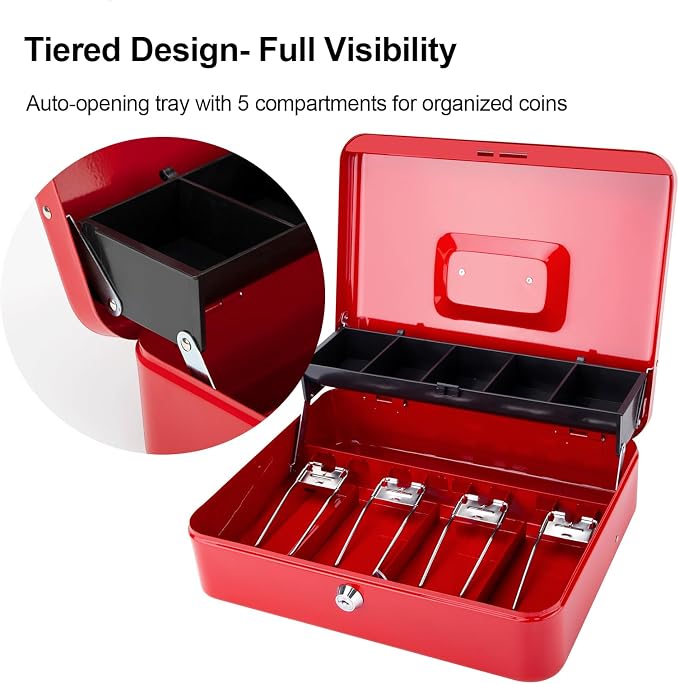 Jssmst Cash Box with Money Tray and Lock -Red Cash Box with Key Lock Safe Money Box Large, Locking Cash Register Drawer Box for Money, 11.8'' x 9.5'' x 3.5'', SM-CB005RED