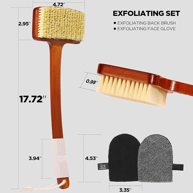 Stiff Sisal Bristles Back Scrubber Set - Shower Brush with Non-Slip Curved Handle and Dual-Sided Exfoliation Glove-17.71”Bent Handle