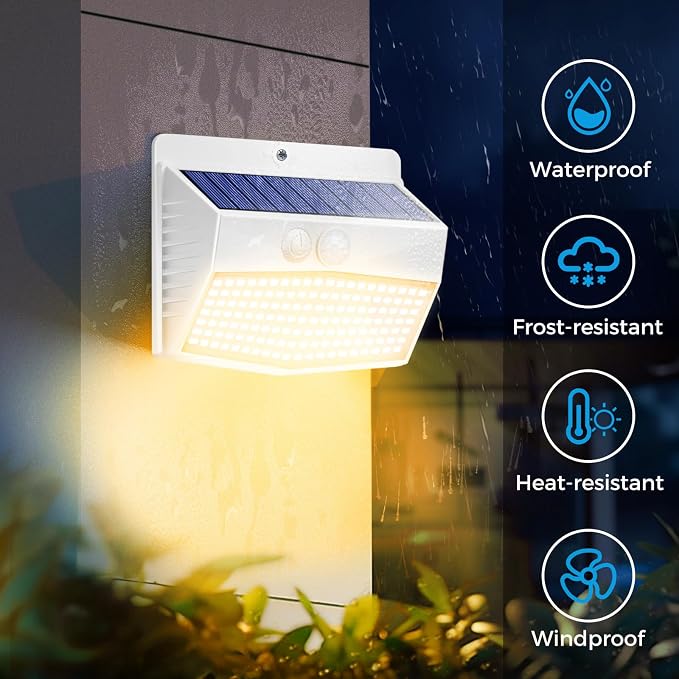 6 Pack Solar Motion Sensor Lights Outdoor Waterproof with 3 Modes | Warm White, White Frame, LED, Solar Powered, Security Lighting for Outside Wall Garden Fence Yard Deck Patio Garage