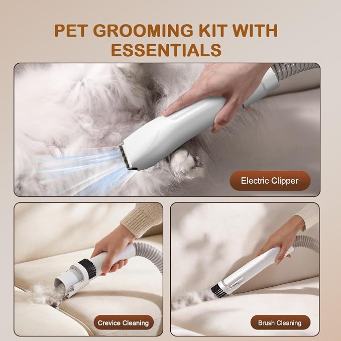 Dog Grooming Vacuum, Dog Grooming Kit, 3 Suction Modes Dog Brush Vacuum with 5 Pet Grooming Tools (Cream)
