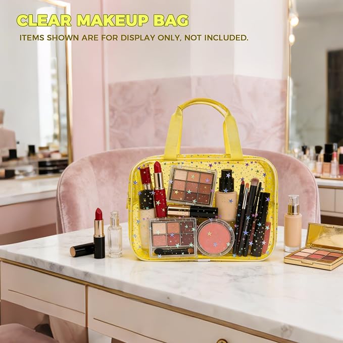 Clear Yellow Star Large Makeup Bag with Star Pattern 12x5x8 inch, Travel Cosmetic Bag with Handle, Durable PVC Material Washbag Zipper Opening Design for Makeup Travel Organizer or Gym Use