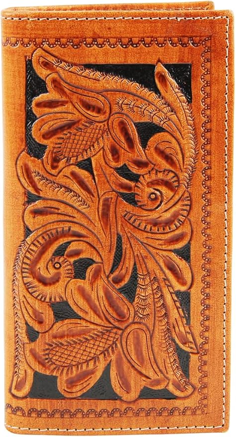 American Bison Arrigo Floral Design RFID Rodeo Wallet for Men – Hand-Tooled Cowhide Leather Wallet with Gift Box (Light Brown)