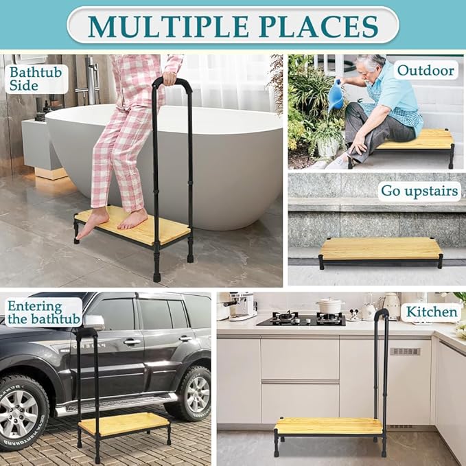 Medical Step Stool with Handle for Elderly Bed Steps for High Beds Adults Stepping Stool SUV Car Bariatric Handicap Seniors Safety Bedside Heavy Duty Foot Step Adjustable Assist Rail (Widen Platform)