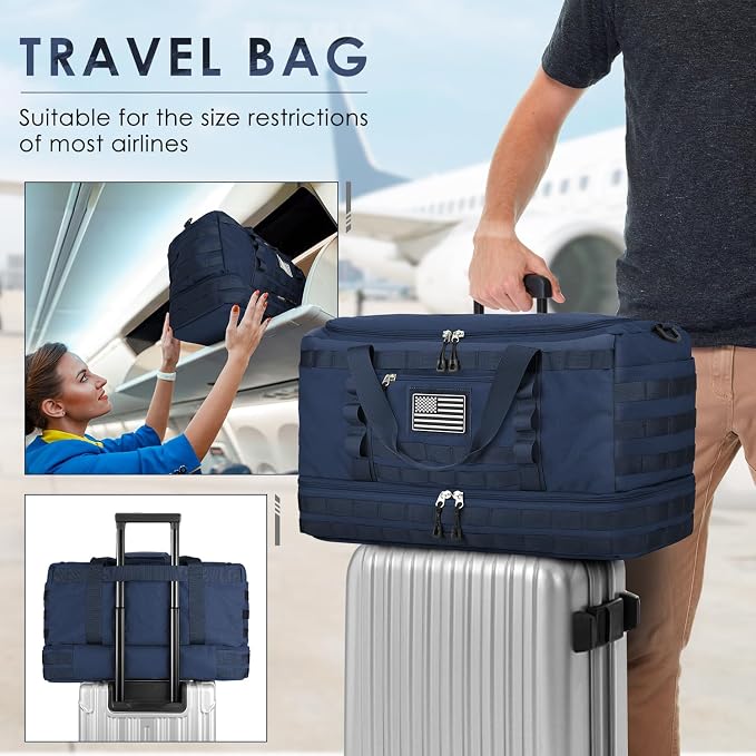 Gym Bag for Men Women, Carry on Luggage 22x14x9 Airline Approved Duffle Bag | Tactical Travel Bags with Toiletry Bag and Shoe Compartment, Weekender Overnight Duffel with Wet Pocket for Workout, Blue