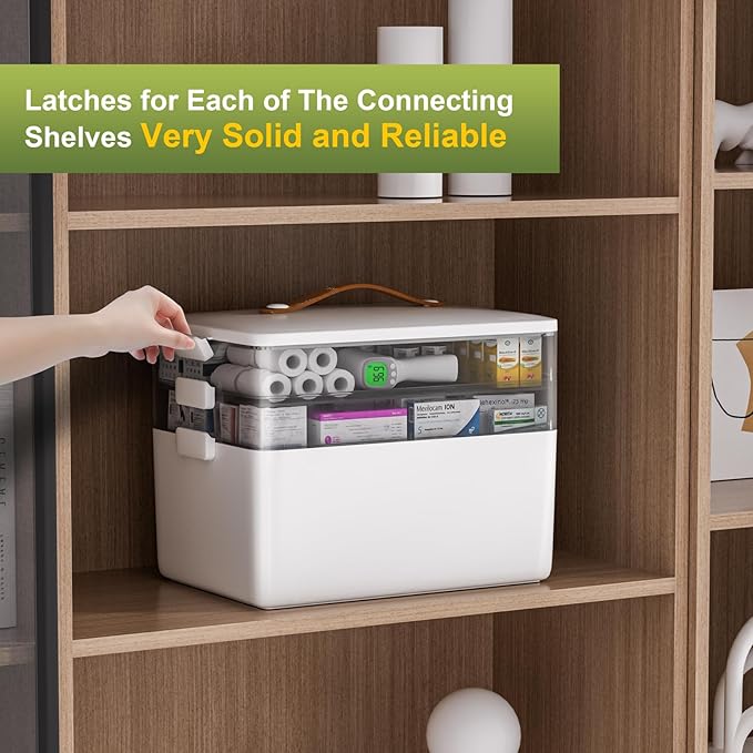 JOYBOS 3-Tier Medicine Storage Box Cabinet, Empty First Aid Kit Portable Medical Supply Organizer with Leather Handle for Home 3-Tier Medicine Storage Box