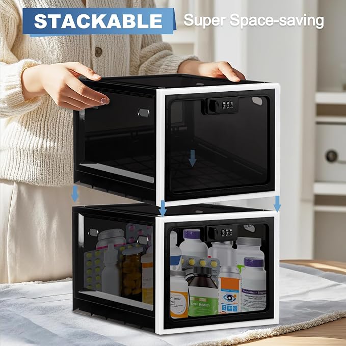 Medicine Lock Box for Safe Medication, Premium Material Lockable Storage Box Locking Organizer Bin with Combination Code for Fridge Food/Snacks/Phone/Tablet Jail/Home/Office Storage Lockers