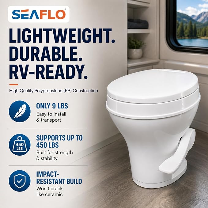 SEAFLO RV Toilet – 18.4" Residential Height, Gravity Flush Foot Pedal, 4-Year Warranty, Fits Most RVs (9.5" Rough-In), Soft Close Seat, 2-Bolt Mount, for Camper Travel Trailer Motorhome SFRTPH-01-01