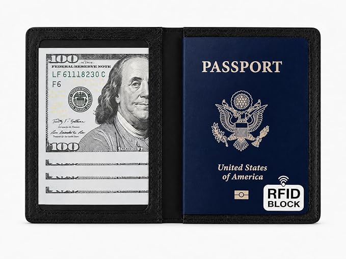 Ciana Passport Holder for Travel – PU Leather Passport Cover and Card Holder for Men & Women – Slim Passport Holder with Card Protector Slot, Travel Must Haves (Black)