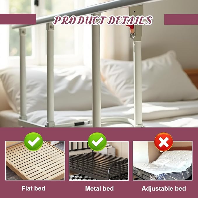 30″ Folding Bed Rail–Safety Bed Rails for Elderly Adults (Twin–King,Tool-Free) Supports300lbs|Non-SlipStrap&FoamBase|180°Fold-DownDesign|Height17–21″Adjustable|PaddedGrip&OrganizerPouch