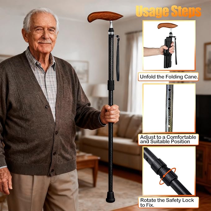 Folding Carbon Fiber Cane with Ergonomic Wooden Handle - Adjustable & Lightweight Easy to Carry Walking Stick for Elderly Men and Women, Travel Cane,Seniors Mobility Aid for Balance and Stability