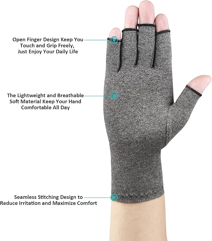2 Pairs Arthritis Gloves Fingerless Compression Gloves for Relieve Hand Pain, Rheumatoid, Osteoarthritis, Tendonitis, Carpal Tunnel for Women and Men to Daily Work (Gray, Medium)