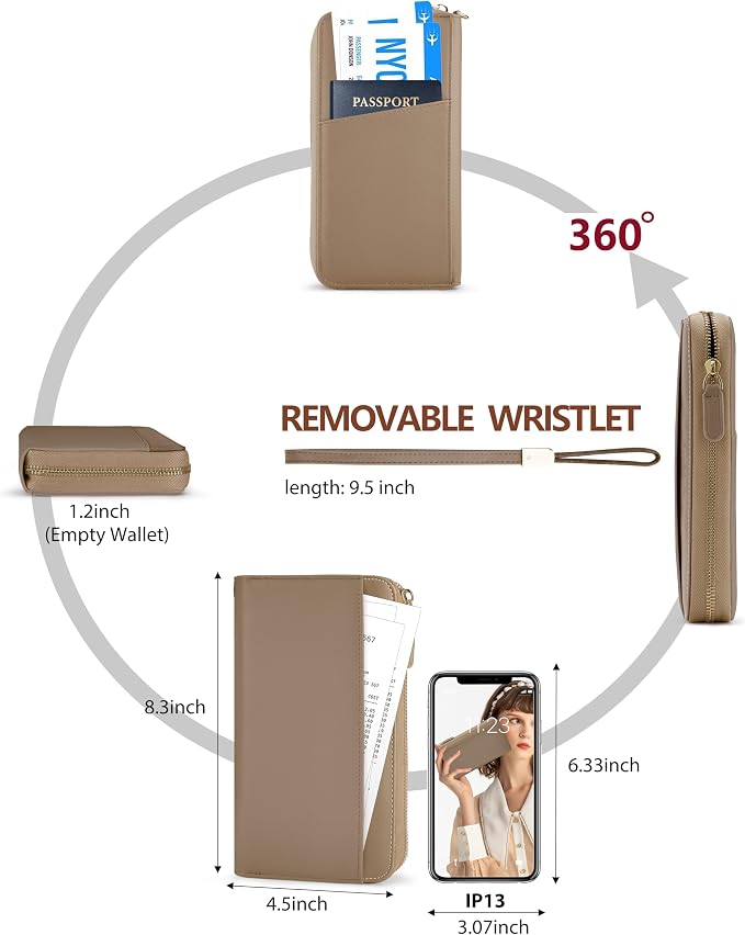 Large Travel Wallet for Women | RFID Blocking Zipper Wallet,Passport Holder Clutch with Wristlet