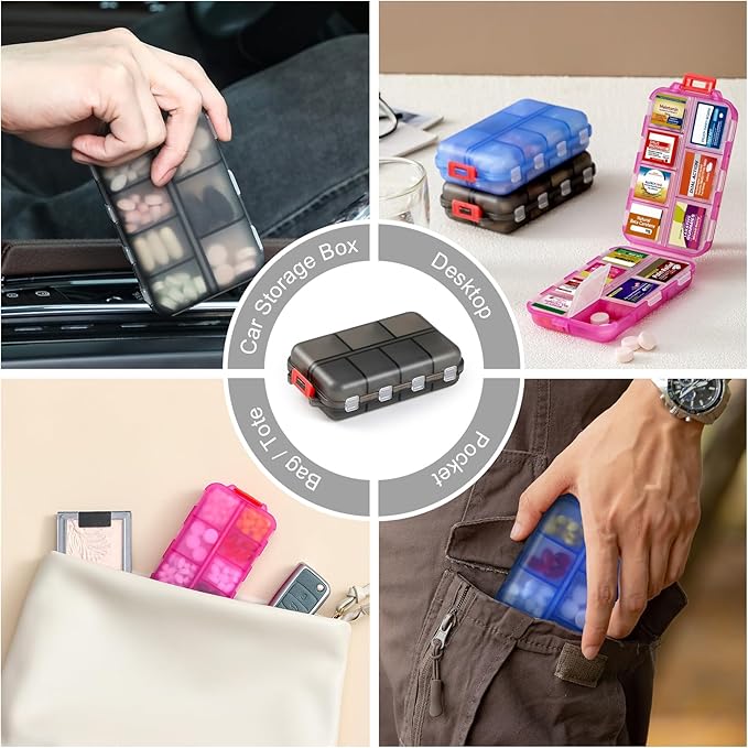 3 Pack 14 Grids Travel Pill Organizer Box with 415-Pcs Medicine Name Labels - Pocket Daily Pharmacy Case Container Kit - Travel Medication Holder Dispenser for Fish Oil Vitamin Supplement - Clear