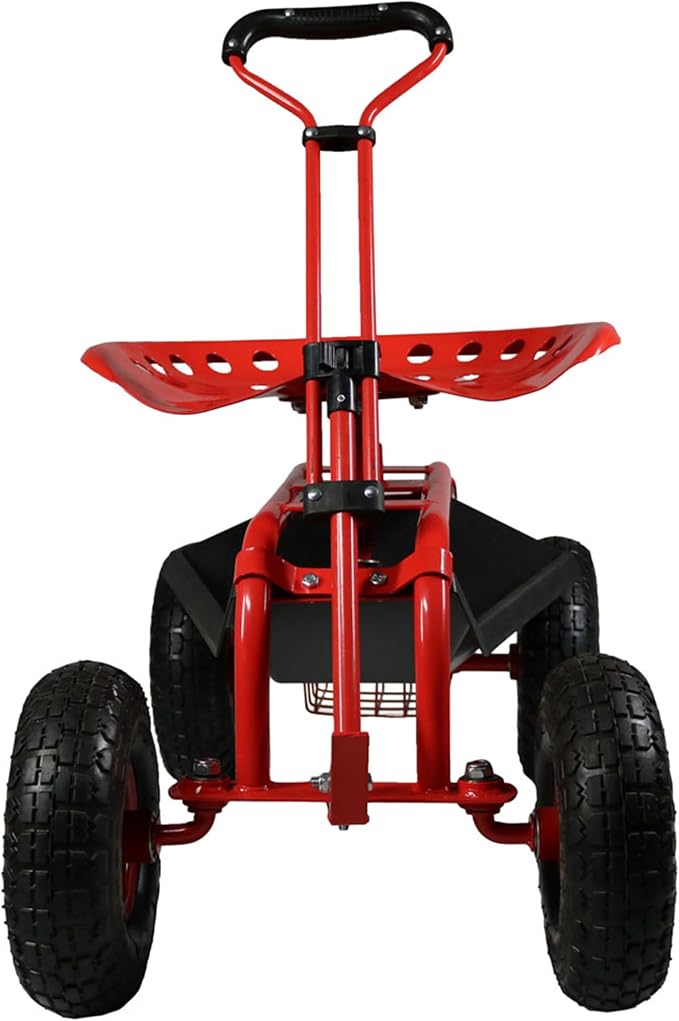 Sunnydaze Garden Seat with Wheels and Adjustable Handle, Red | Steel Rolling Gardening Seat with Utility Tray for Storage, Rotating, Swiveling Motion