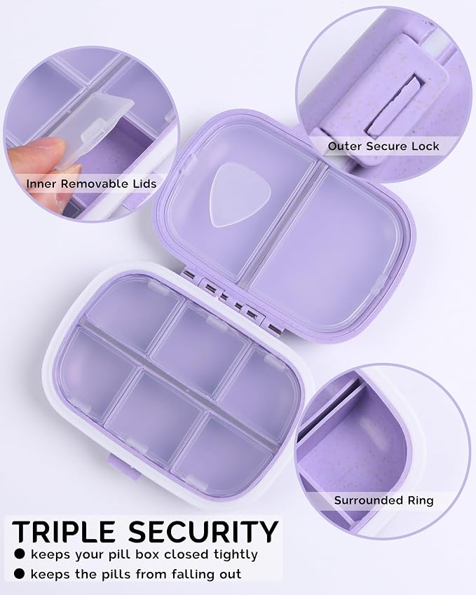 8 Compartments Travel Pill Organizer, Daily Pill Case Small Pill Box for Pocket Purse, Portable Pill Container Medicine Vitamin Organizer (Purple)