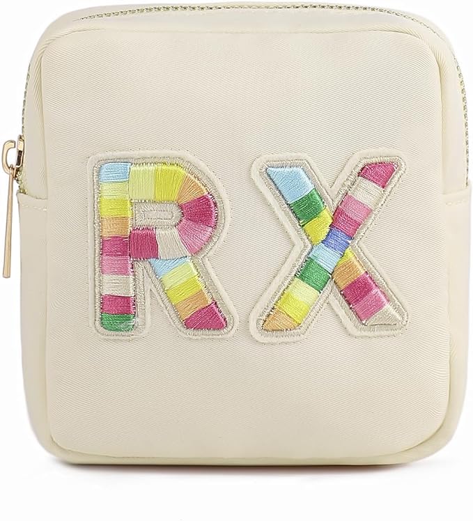 uekeboag Personalized Small Nylon Rx Cosmetic Bag, Cute Chenille Letter Patch Medicine Drug Pouch with Zipper,Preppy Makeup Travel Vitamin Bag for Women and Girls（01Sand）