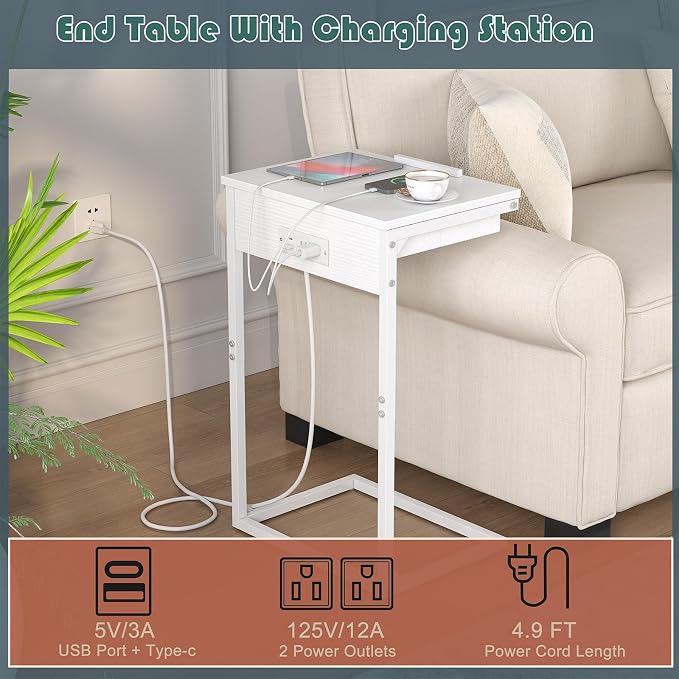 sthmec C Shaped End Table with Charging Station, 45° Tiltable Adjustable Flip Top Side Table with Storage,Small C Table for Small Spaces,Slide Under Couch Sofa Bedside Table for Living Room,White