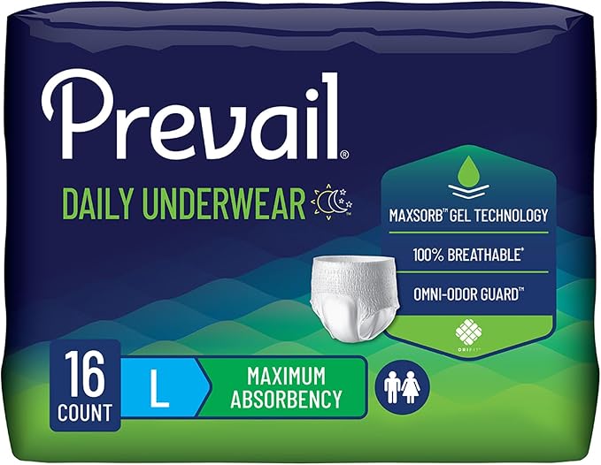 Prevail Daily Unisex Underwear Maximum Incontinence, Large, 16 ct | Absorbent Underwear,Unisex,Pull On with Tear Away Seams