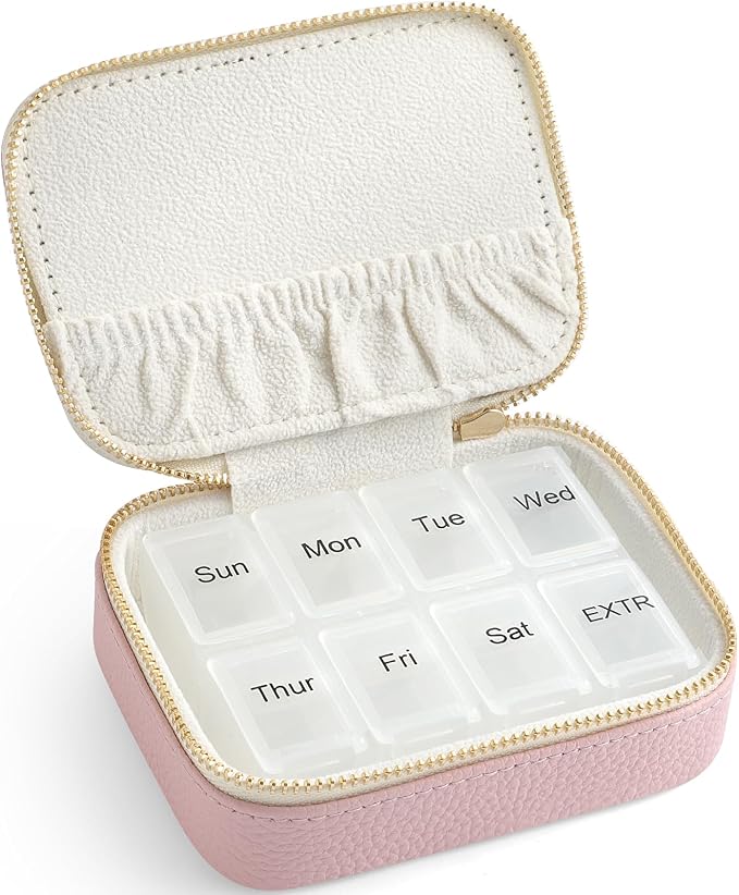 Genuine Leather Travel Pill Organizer Box Case 1 Times a Day for Purse for Women, Cute Medicine Pill Holder Containers for Vitamin Small Weekly Daily 7 Day Am Pm Pill Organizer(Pink)