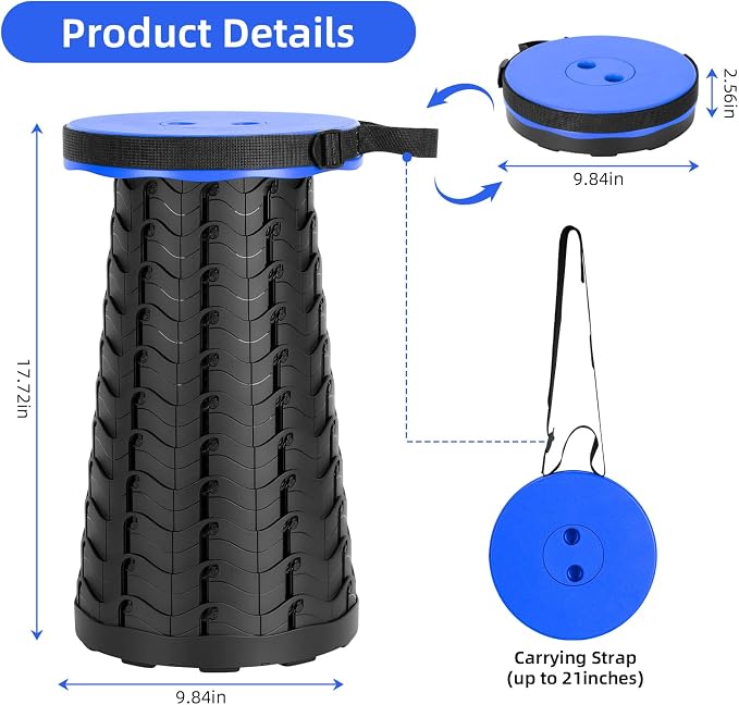Qiguet Collapsible Stool, Folding Chair - Upgraded Portable Chair with 400lbs Load Capacity, Perfect for Camping, Fishing, Hiking - Folding Stool with Carrying Straps, Gifts for Fisherman (Blue)